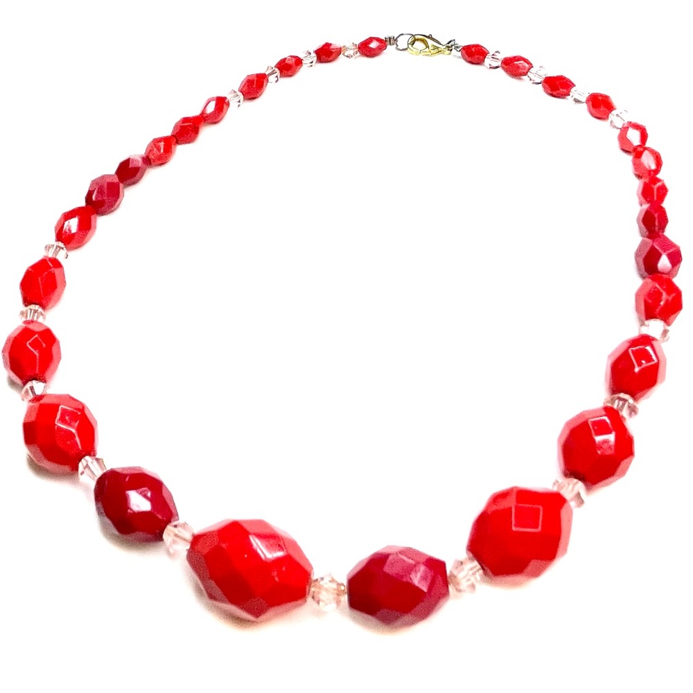 Handmade Red Clear Glass Beaded Necklace Statement Necklace